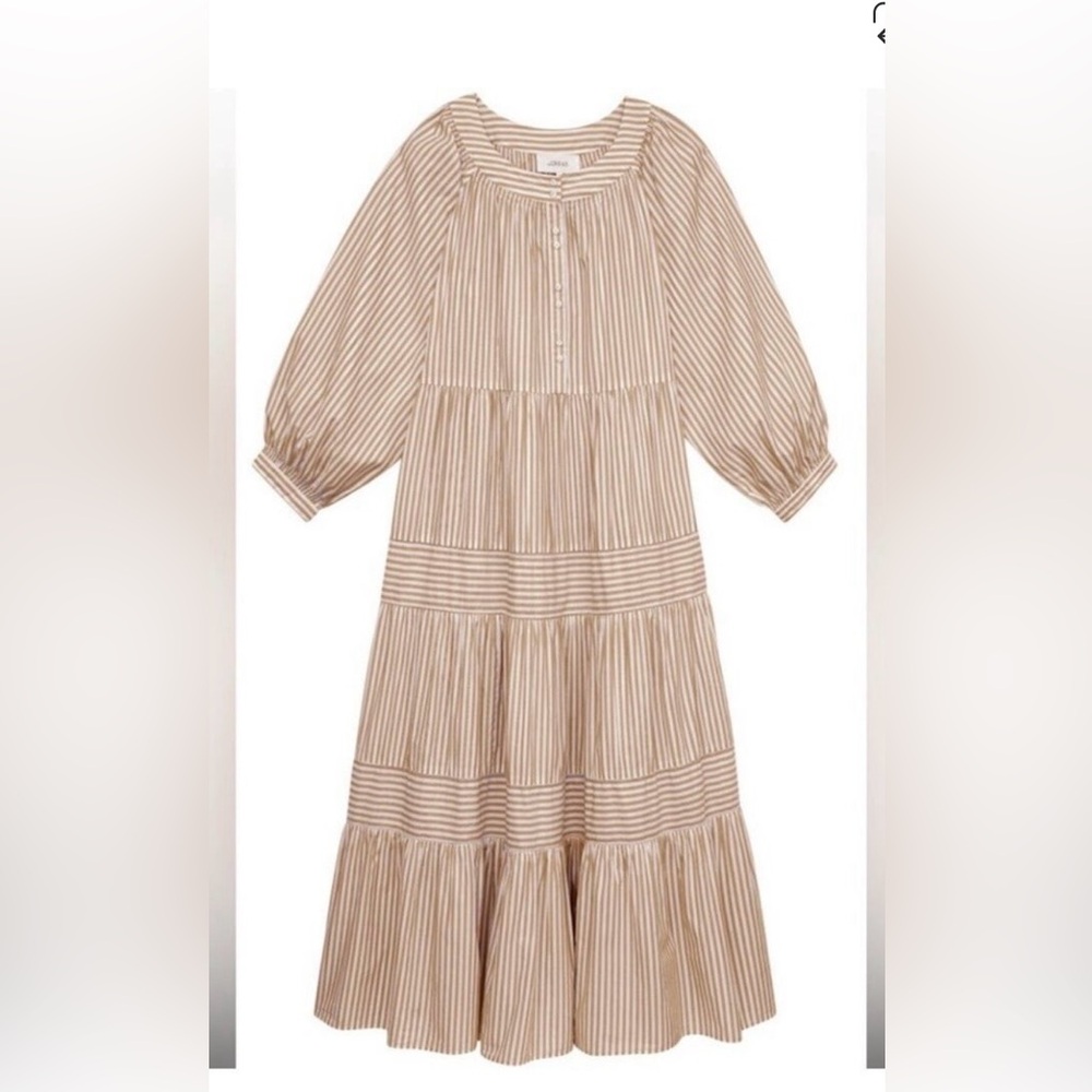 THE GREAT. Patio Tiered Swingy Blouson Maxi Dress in Cream Malt Stripe 1 Small